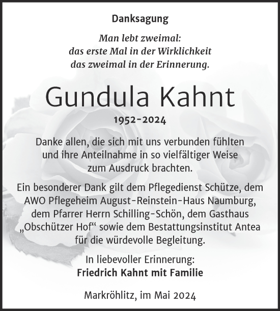 Traueranzeige von Gundula Kahnt von Trauerkombi Weißenfels