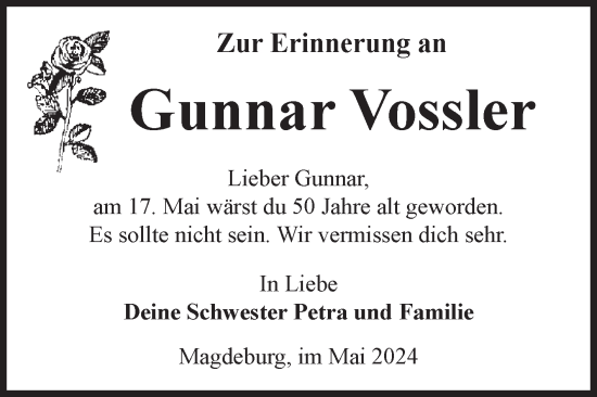 Traueranzeige von Gunnar Vossler von Volksstimme Magdeburg