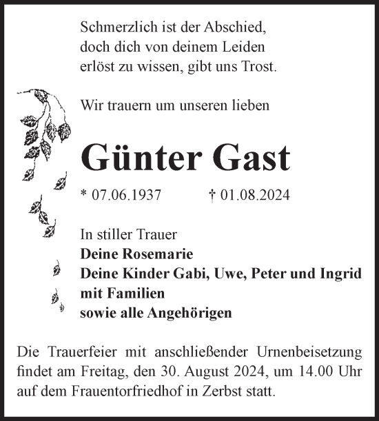 Traueranzeige von Gunter Gast von Volksstimme Zerbst