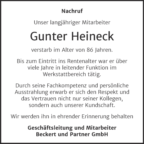 Traueranzeige von Gunter Heineck von Super Sonntag Naumburg/Nebra