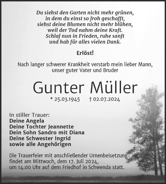 Traueranzeige von Gunter Müller von Trauerkombi Sangerhausen