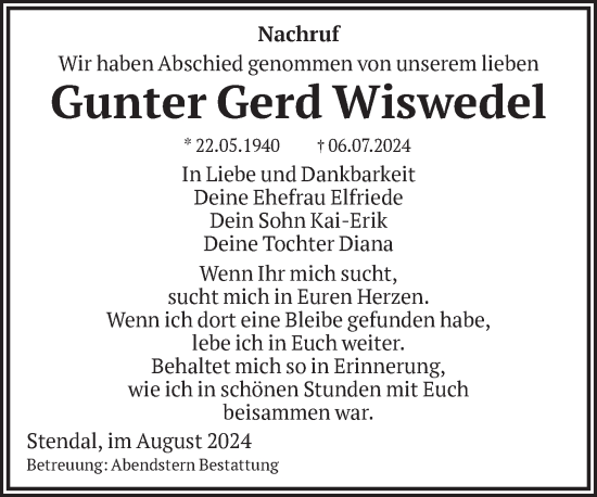 Traueranzeige von Gunter Gerd Wiswedel von Volksstimme Altmark Ost