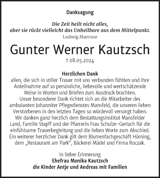 Traueranzeige von Gunter Werner Kautzsch von Trauerkombi Mansfelder Land
