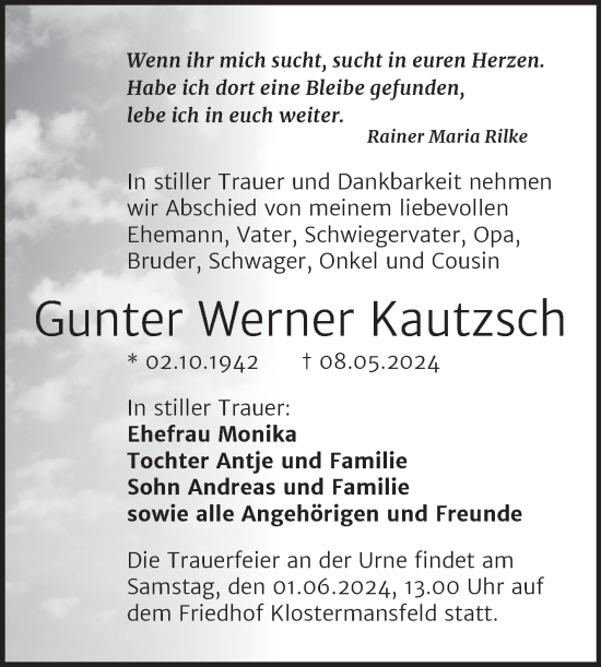 Traueranzeige von Gunter Werner Kautzsch von Trauerkombi Mansfelder Land
