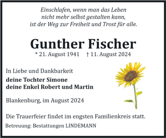 Traueranzeige von Gunther Fischer von Volksstimme Wernigerode