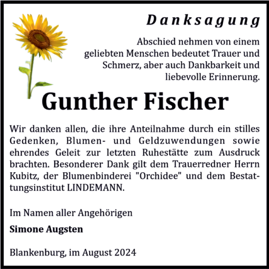 Traueranzeige von Gunther Fischer von Volksstimme Wernigerode