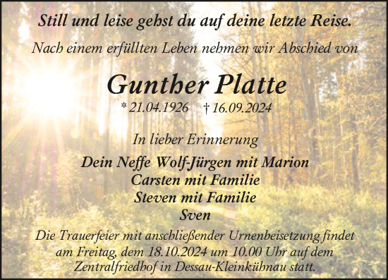 Traueranzeige von Gunther Platte von Trauerkombi Dessau