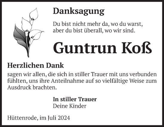 Traueranzeige von Guntrun Koß von Volksstimme Wernigerode
