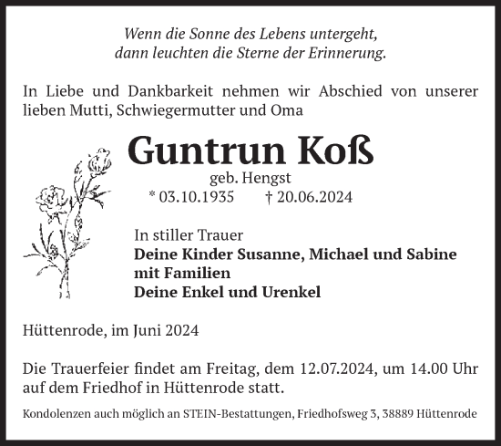 Traueranzeige von Guntrun Koß von Volksstimme Wernigerode