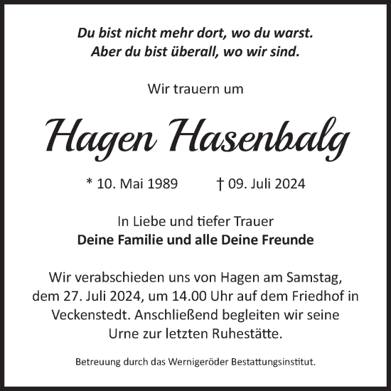 Traueranzeige von Hagen Hasenbalg von Volksstimme Wernigerode
