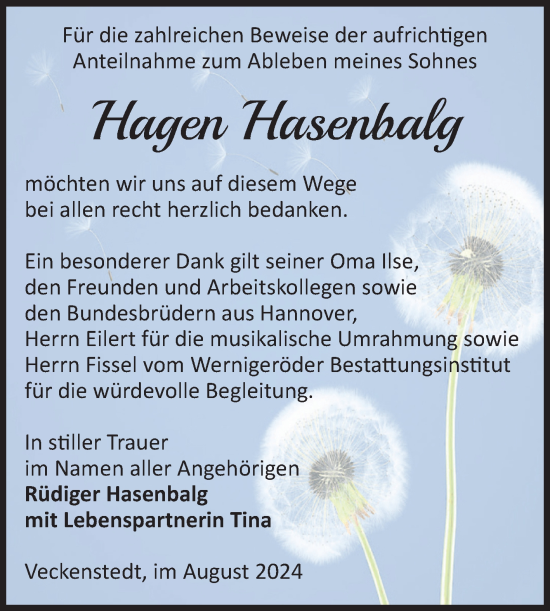Traueranzeige von Hagen Hasenbalg von Volksstimme Wernigerode
