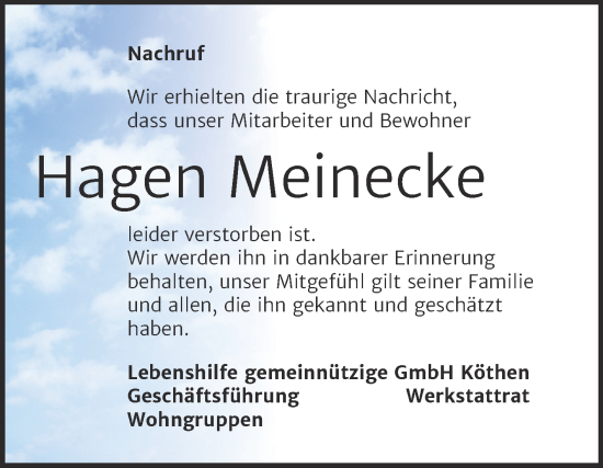 Traueranzeige von Hagen Meinecke von Super Sonntag Köthen