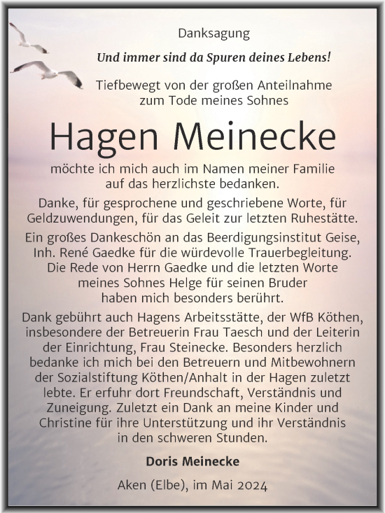 Traueranzeige von Hagen Meinecke von Trauerkombi Köthen