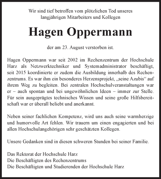 Traueranzeige von Hagen Oppermann von Volksstimme Wernigerode