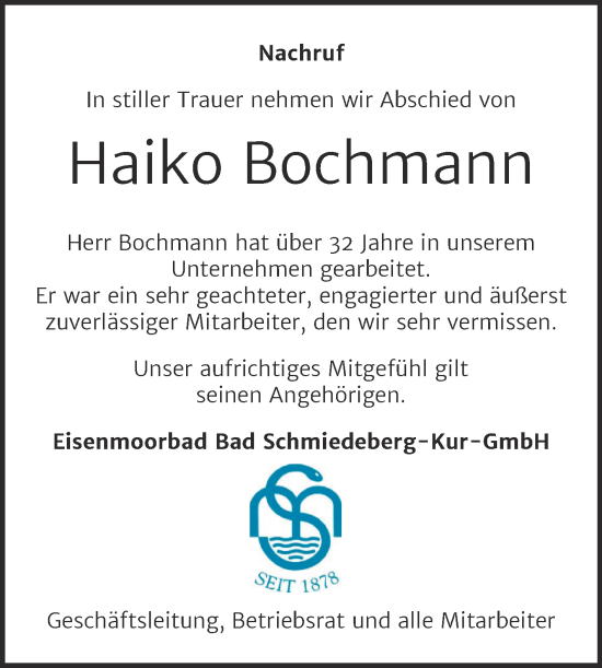 Traueranzeige von Haiko Bochmann von Super Sonntag Wittenberg