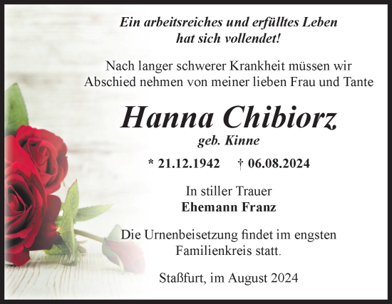 Traueranzeige von Hanna Chibiorz von Volksstimme Staßfurt
