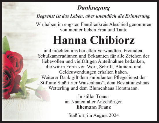 Traueranzeige von Hanna Chibiorz von Volksstimme Staßfurt