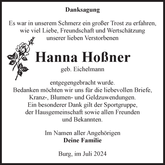 Traueranzeige von Hanna Hoßner von Volksstimme Burg/Genthin