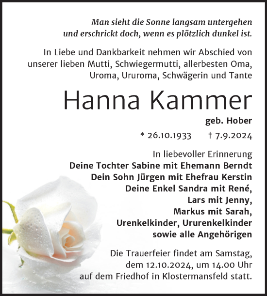 Traueranzeige von Hanna Kammer von Trauerkombi Mansfelder Land