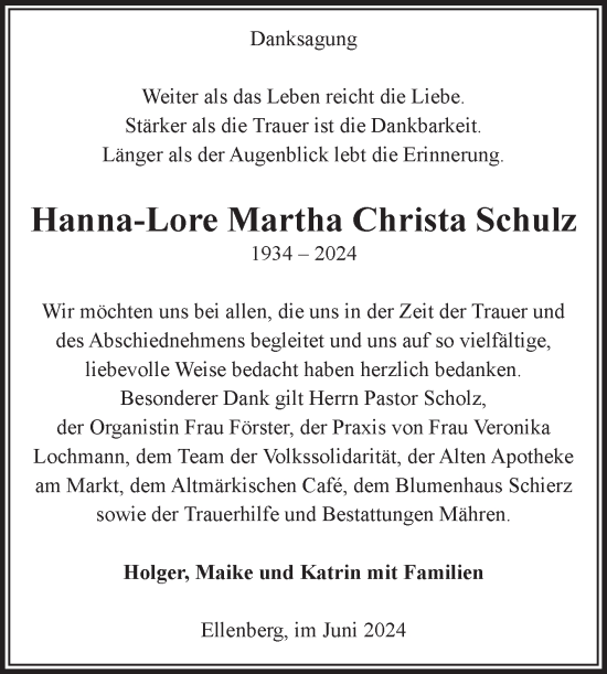 Traueranzeige von Hanna-Lore Martha Christa Schulz von Volksstimme Altmark West