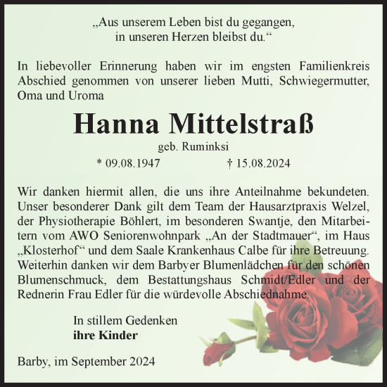 Traueranzeige von Hanna Mittelstraß von Volksstimme Schönebeck