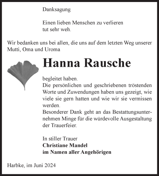 Traueranzeige von Hanna Rausche von Volksstimme Oschersleben/Wanzleben