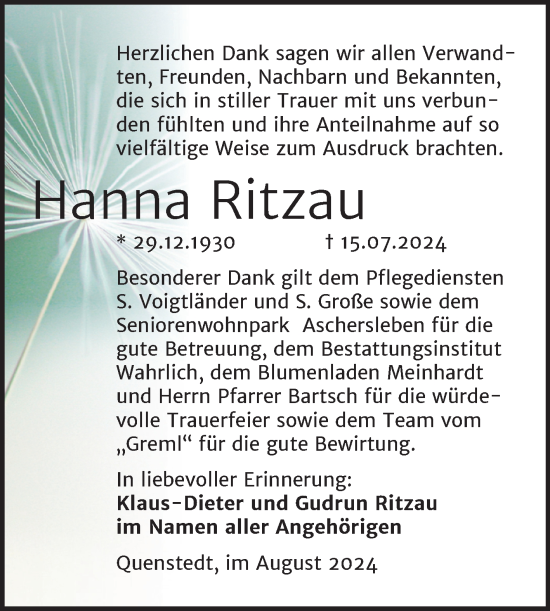 Traueranzeige von Hanna Ritzau von Trauerkombi Mansfelder Land