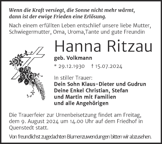 Traueranzeige von Hanna Ritzau von Trauerkombi Mansfelder Land