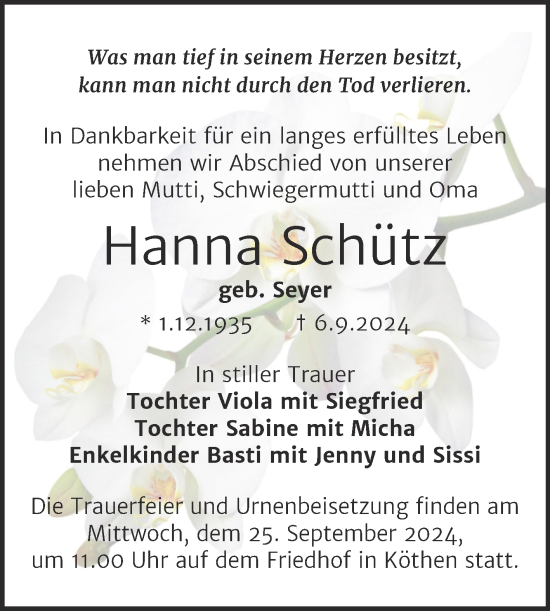Traueranzeige von Hanna Schütz von Trauerkombi Köthen