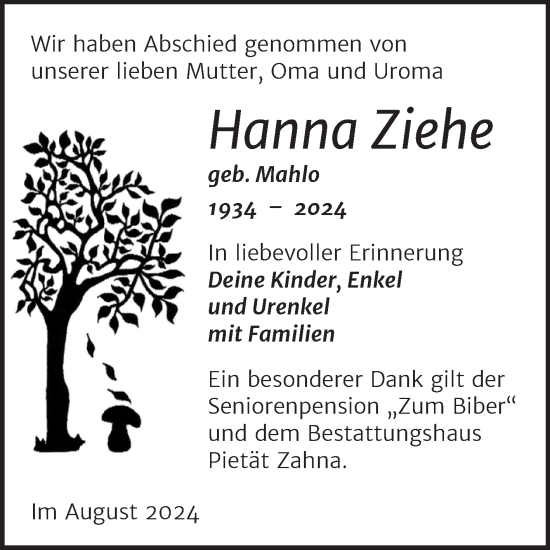 Traueranzeige von Hanna Ziehe von Trauerkombi Wittenberg