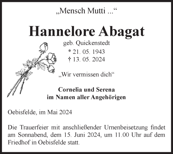 Traueranzeige von Hannelore Abagat von Volksstimme Altmark West