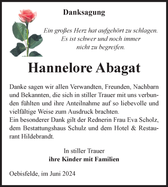 Traueranzeige von Hannelore Abagat von Volksstimme Altmark West