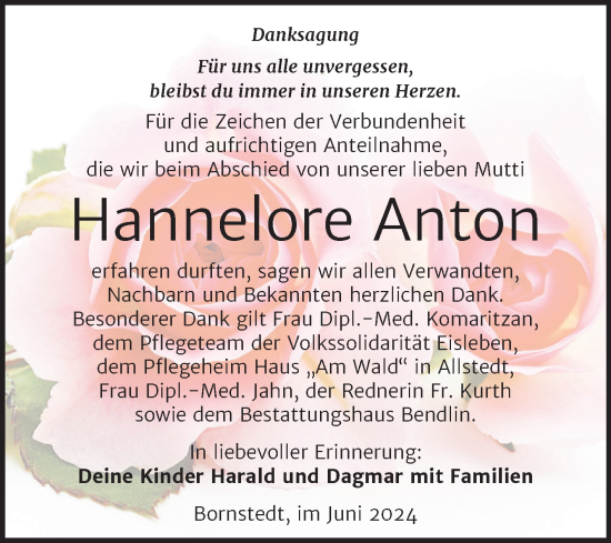 Traueranzeige von Hannelore Anton von Trauerkombi Mansfelder Land