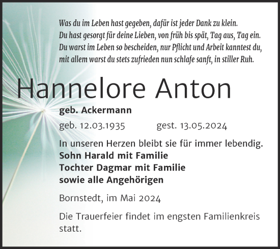 Traueranzeige von Hannelore Anton von Trauerkombi Mansfelder Land