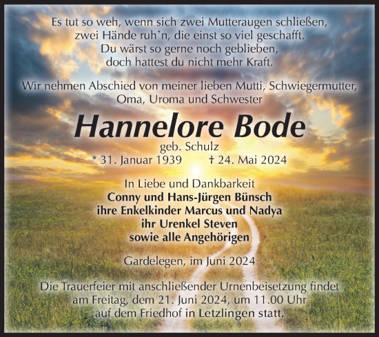 Traueranzeige von Hannelore Bode von Volksstimme Altmark West