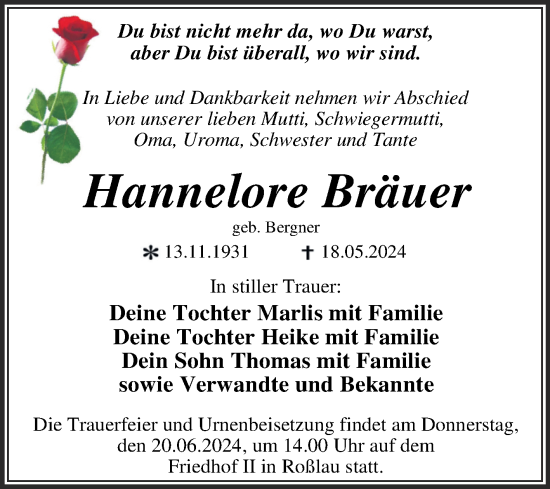 Traueranzeige von Hannelore Bräuer von Trauerkombi Dessau