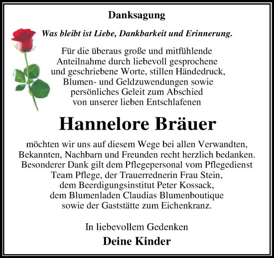 Traueranzeige von Hannelore Bräuer von Trauerkombi Dessau