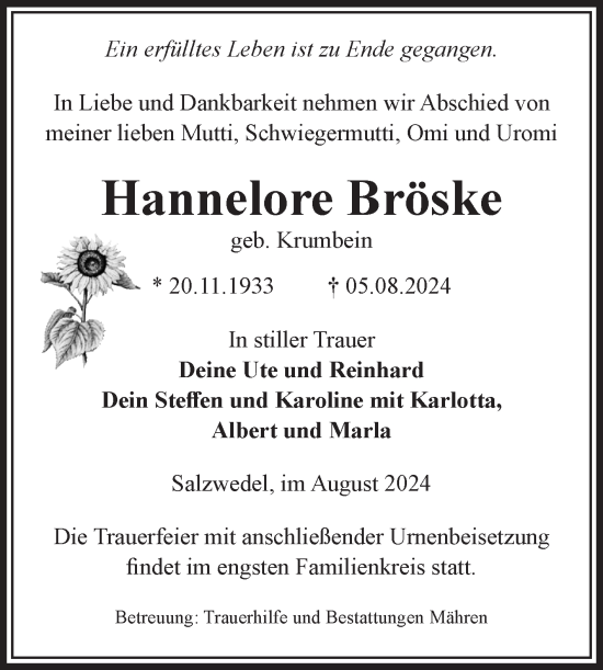 Traueranzeige von Hannelore Bröske von Volksstimme Altmark West