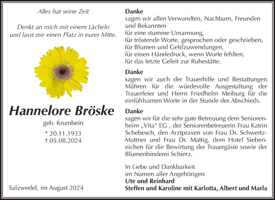 Traueranzeige von Hannelore Bröske von Volksstimme Altmark West