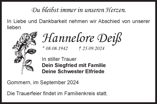 Traueranzeige von Hannelore Deiß von Volksstimme Burg/Genthin