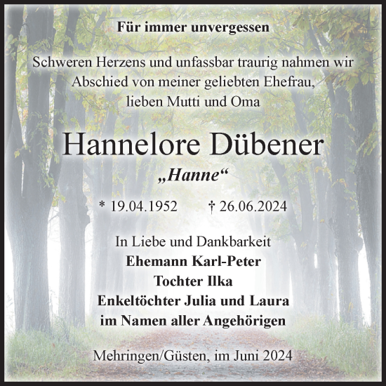 Traueranzeige von Hannelore Dübener von Volksstimme Staßfurt