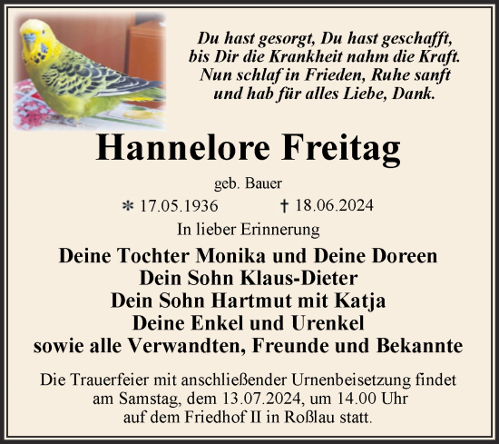 Traueranzeige von Hannelore Freitag von Trauerkombi Weißenfels