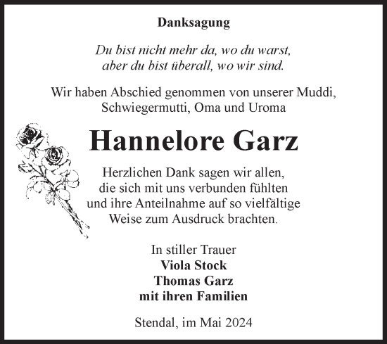 Traueranzeige von Hannelore Garz von Volksstimme Altmark Ost