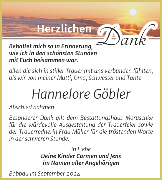 Traueranzeige von Hannelore Göbler von Trauerkombi Bitterfeld