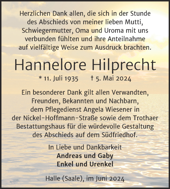 Traueranzeige von Hannelore Hilprecht von Mitteldeutsche Zeitung Halle/Saalkreis