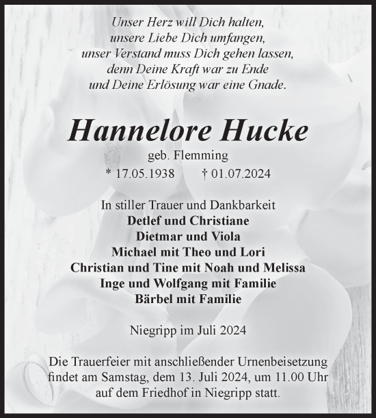 Traueranzeige von Hannelore Hucke von Volksstimme Burg/Genthin