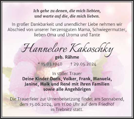 Traueranzeige von Hannelore Kakoschky von Trauerkombi Merseburg