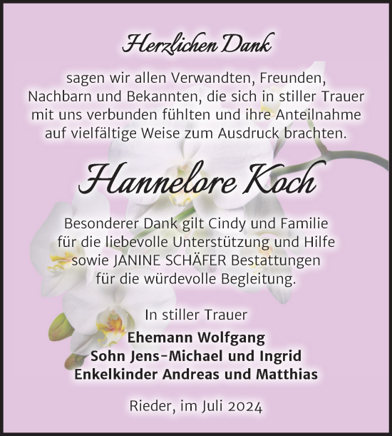 Traueranzeige von Hannelore Koch von Trauerkombi Quedlinburg