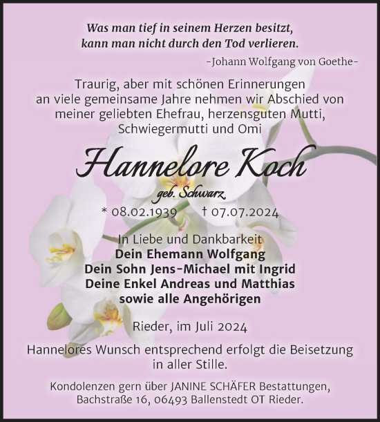 Traueranzeige von Hannelore Koch von Trauerkombi Quedlinburg
