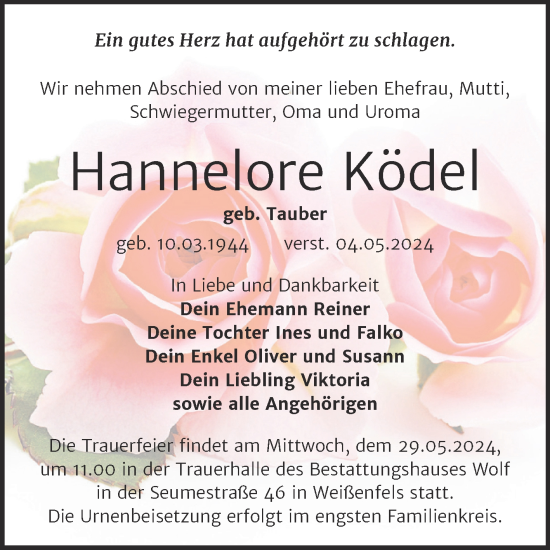 Traueranzeige von Hannelore Ködel von Trauerkombi Weißenfels